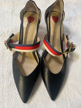 Gucci Sylvie Web Strap Pointed Slingbacks with Red, Blue and Cream bamboo heel
